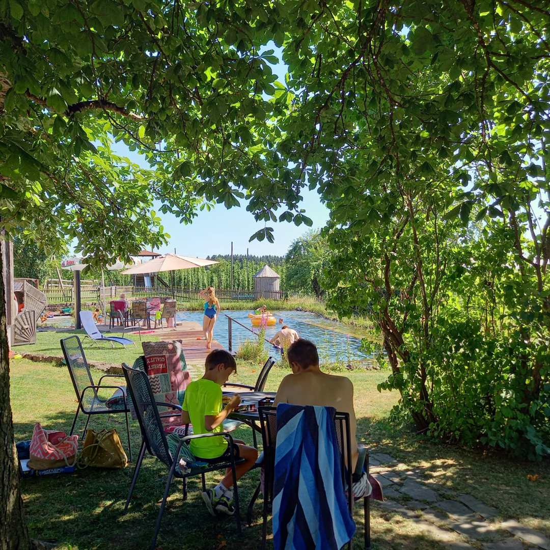 Pitch on a holiday farm with natural pool